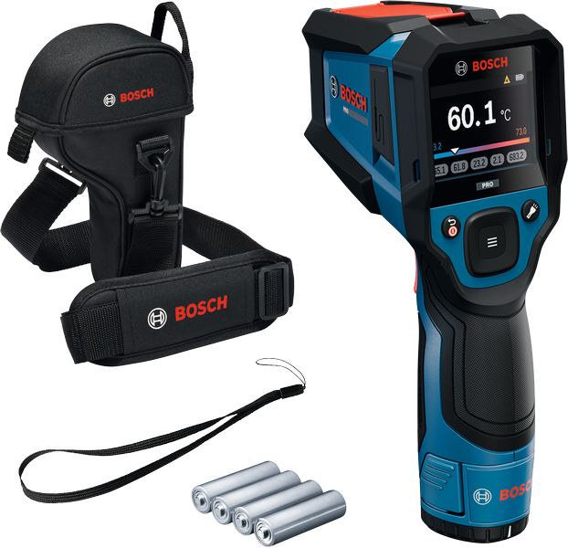 Rilevatore termico Bosch GIS 800 con custodia e batterie.