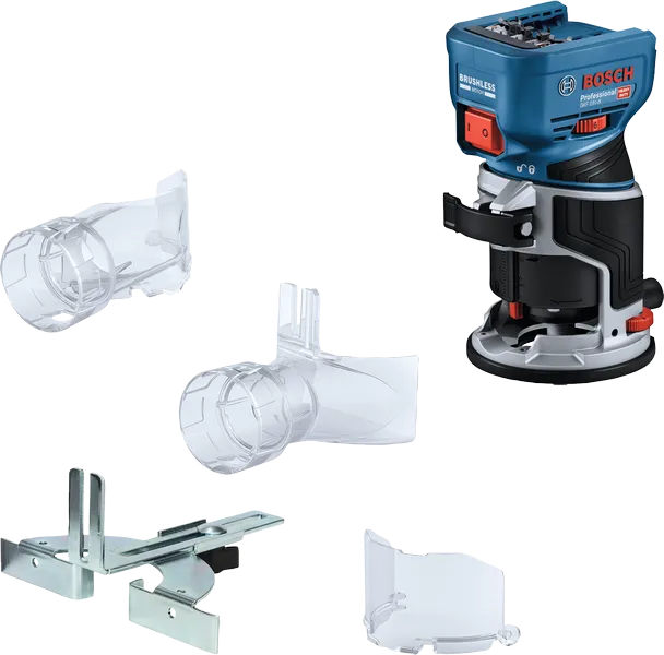Fresatrice palmare a batteria Bosch GKF18V-8 con accessori.