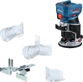 Fresatrice palmare a batteria Bosch GKF18V-8 con accessori.