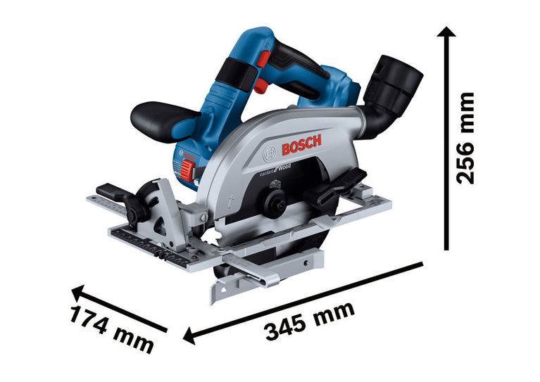 Sega circolare a batteria Bosch GKS 18V-57-2 L con dimensioni.