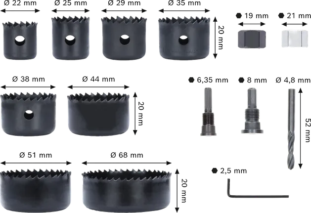 Set di seghe a tazza Bosch per legno e cartongesso con punta pilota.