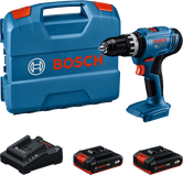 Set trapano avvitatore a batteria Bosch GSB 18V-25 con valigetta e batterie.