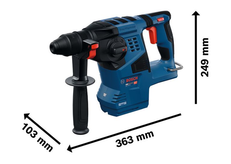 Martello perforatore Bosch GBH18V-28 con scheda di sicurezza SDS Plus e dimensioni.