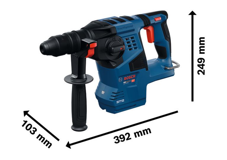 Martello perforatore Bosch GBH18V-28F con SDS Plus, mostrato con le dimensioni.