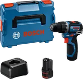 Set trapano avvitatore a batteria Bosch GSB 12V-32 con valigetta e batteria.