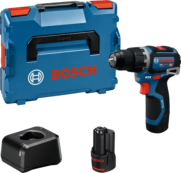 Set trapano avvitatore a batteria Bosch GSB 12V-32 con valigetta e batteria.