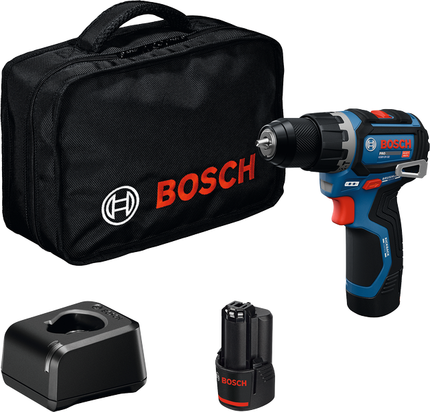 Set trapano avvitatore a batteria Bosch GSB 12V-32 con batteria e caricabatteria.