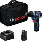 Set trapano avvitatore a batteria Bosch GSB 12V-32 con batteria e caricabatteria.