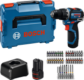 Set trapano avvitatore a batteria Bosch GSB 12V-32 con valigetta e accessori.