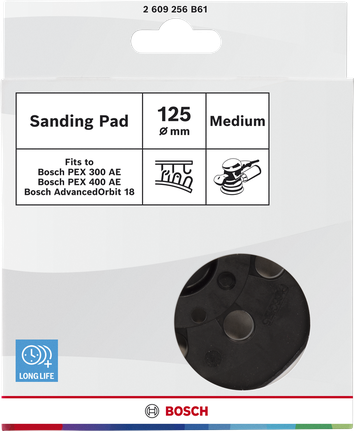 Platorello abrasivo Bosch di media durezza, 125 mm, per levigatrici orbitali.