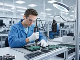 Una persona che indossa dispositivi di protezione individuale utilizza un avvitatore elettrico su un circuito stampato elettronico.