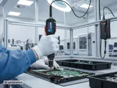 Una persona che indossa dispositivi di protezione individuale assembla componenti elettronici con un avvitatore elettrico.