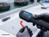 Una persona che indossa dispositivi di protezione individuale assembla un apparecchio utilizzando un avvitatore a batteria.