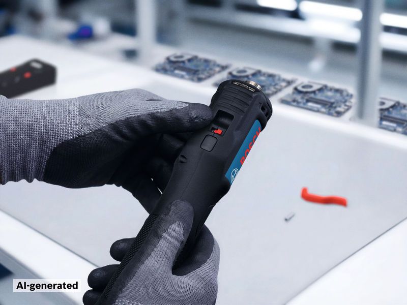 Una persona che indossa dispositivi di protezione individuale regola uno strumento elettronico nero vicino a circuiti stampati.