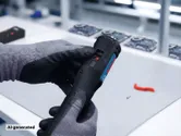 Una persona che indossa dispositivi di protezione individuale regola uno strumento elettronico nero vicino a circuiti stampati.