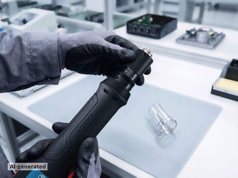 In un laboratorio di elettronica, una persona con indosso dispositivi di protezione individuale regola un avvitatore a batteria.