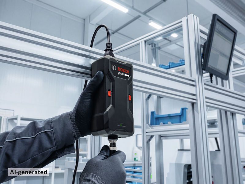 In una fabbrica, una persona che indossa dispositivi di protezione individuale collega un dispositivo IPU-30 a una struttura metallica.