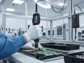 Una persona che indossa dispositivi di protezione individuale utilizza un utensile elettrico per assemblare componenti elettronici su un circuito stampato.