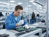 Una persona che indossa dispositivi di protezione individuale utilizza un utensile elettrico per assemblare circuiti stampati.