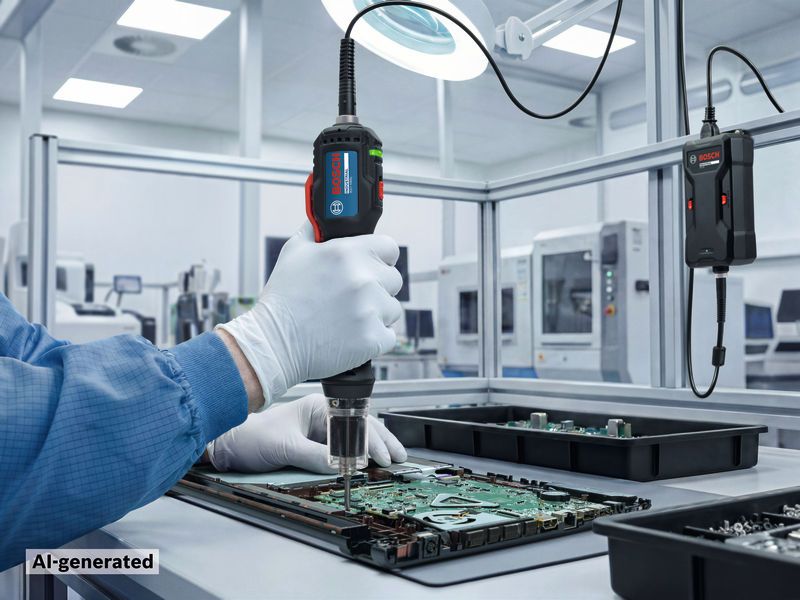 In un laboratorio, una persona che indossa dispositivi di protezione individuale utilizza un utensile elettrico per assemblare componenti elettronici.