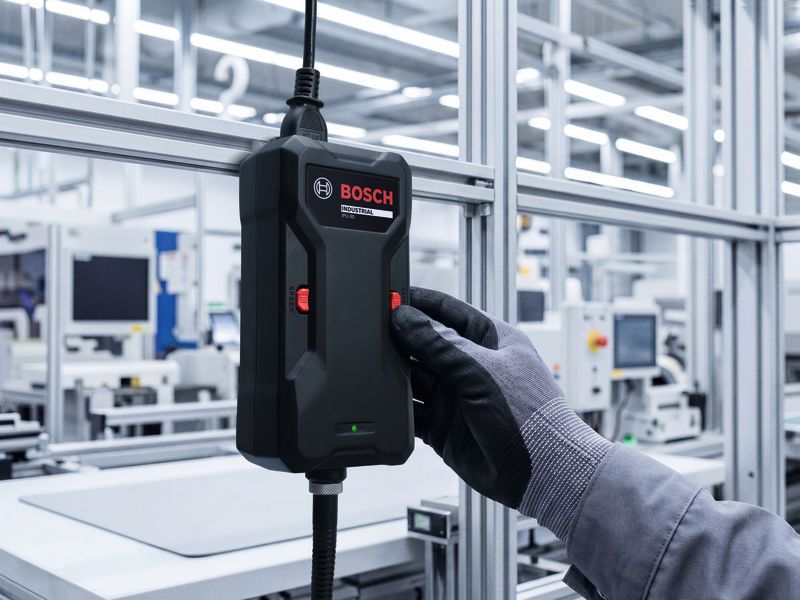 In una fabbrica, una persona che indossa dispositivi di protezione individuale regola un apparecchio industriale contrassegnato con la sigla IPU-30.
