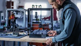 Una persona con indosso dispositivi di protezione individuale regola una stampante 3D su un banco da lavoro.