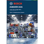 Das Bild zeigt einen Katalog mit verschiedenen Werkzeugen und Zubehörteilen in einer Werkstatt. Die Farben sind überwiegend blau, grau und rot. Im Hintergrund sind Regale mit Werkzeugen und Zubehör zu sehen, die ordentlich angeordnet sind. Der Titel "Zubehör 2026" ist deutlich lesbar.