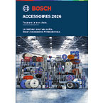 Une couverture de catalogue avec le logo Bosch, montrant divers outils et accessoires dans un entrepôt.