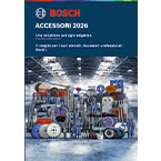 Copertina del catalogo Bosch con strumenti colorati e accessori in un magazzino luminoso. Design moderno.
