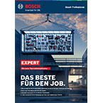 Ein Plakat mit Bosch Professional Werkzeugen zeigt eine große Auswahl an Werkzeugen in einem Regal. Das Design ist modern und industriell, mit einem blauen Hintergrund und roten Akzenten. Darunter steht in Großbuchstaben "DAS BESTE FÜR DEN JOB".