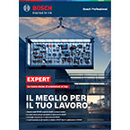 Una copertina del catalogo Bosch Professional mostra strumenti disposti in modo chiaro sotto un cielo blu.