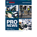 Ein Bosch Professional Katalog mit vier Bildern: Handwerker bei der Arbeit, Werkzeuge und Materialien.