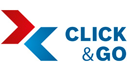 Logo di Click & Go in rosso e blu, design moderno con frecce.