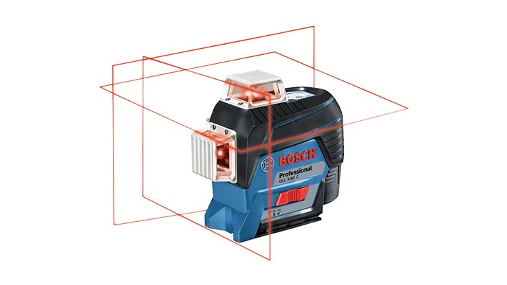 Ein blauer Bosch Professional Linienlaser mit roten Laserstrahlen auf weißem Hintergrund.