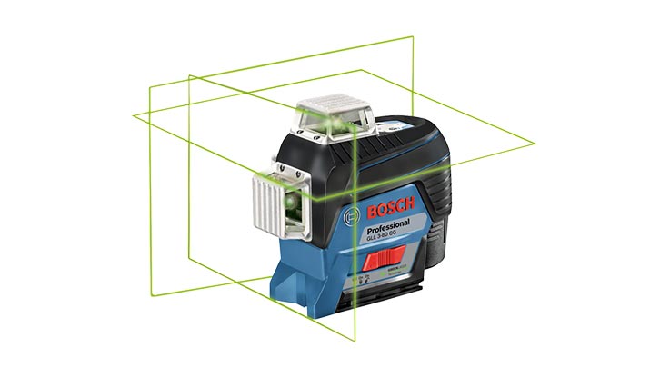 Bosch Professional Linienlaser in Blau, umgeben von grünen Linien im Raum.
