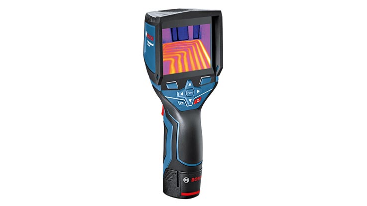 Ein Bosch Professional Wärmebildkamera in blau-schwarz mit Farbbildschirm.