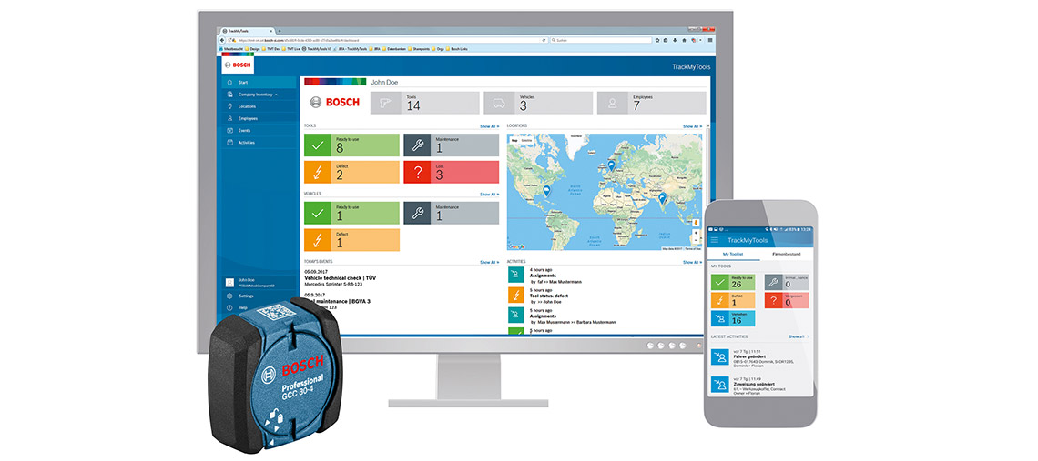 Bosch Professional GCC 304 liegt vor einem Computer und Smartphone mit Software-Interface.