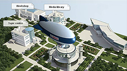 Ein blauer Zeppelin schwebt über einem modernen Campus mit drei Gebäuden.