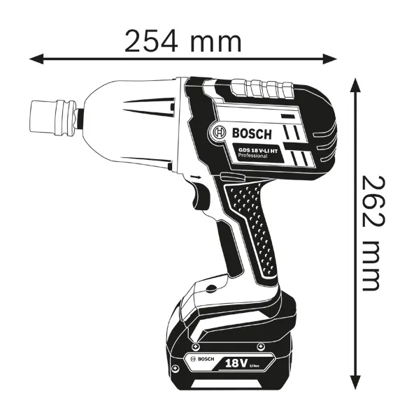 Dimensiones de la llave de impacto inalámbrica.