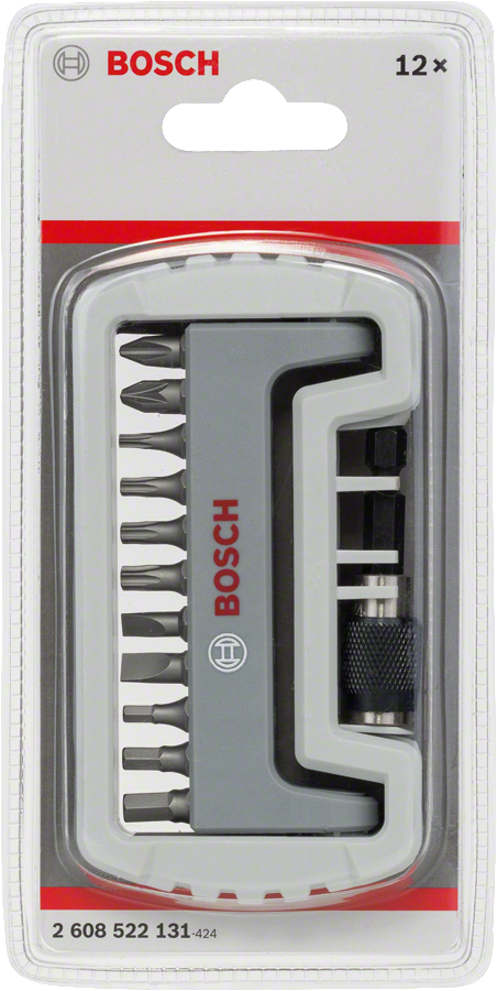 Juego de 12 puntas de destornillador Bosch en soporte compacto.