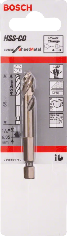Broca piloto Bosch HSS-Co para chapa metálica, vástago hexagonal.