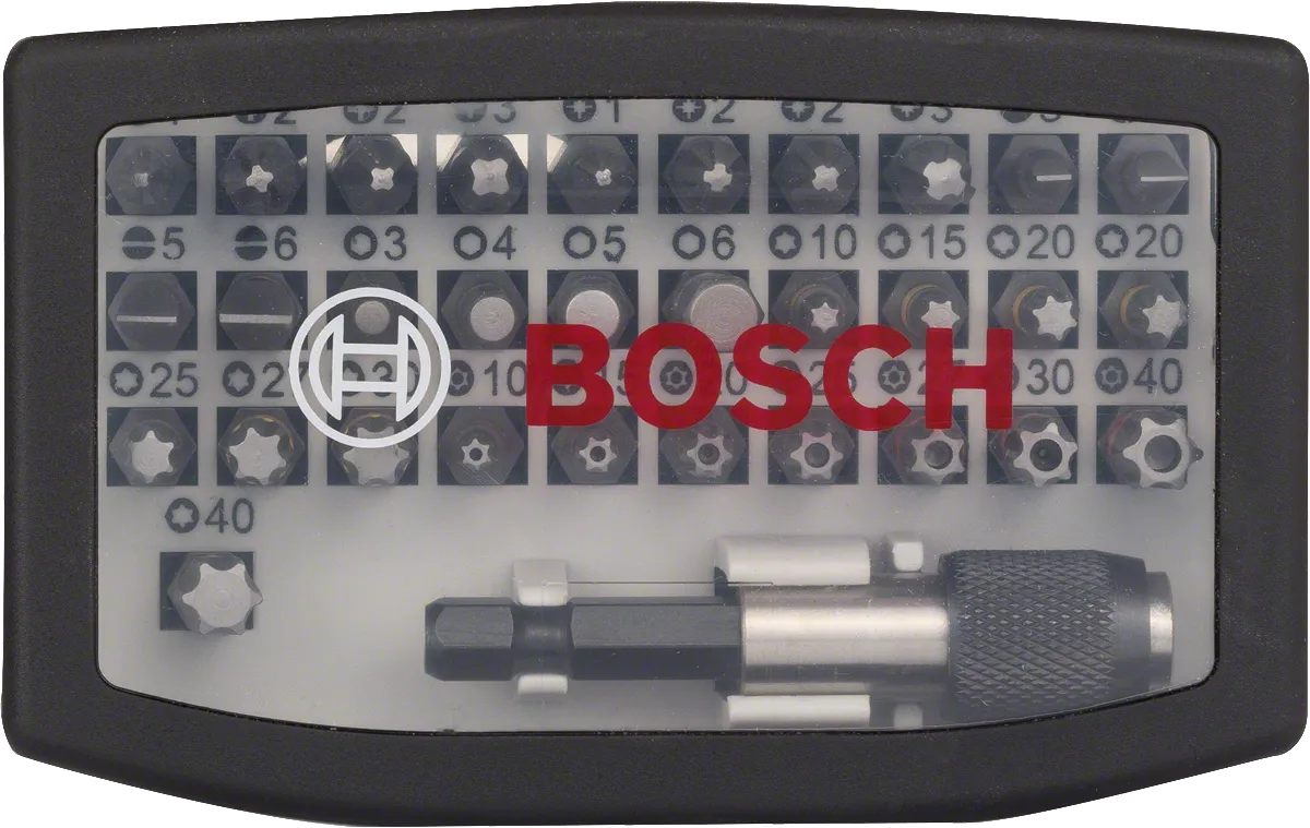 Juego de 31 puntas de destornillador Bosch con estuche de almacenamiento.