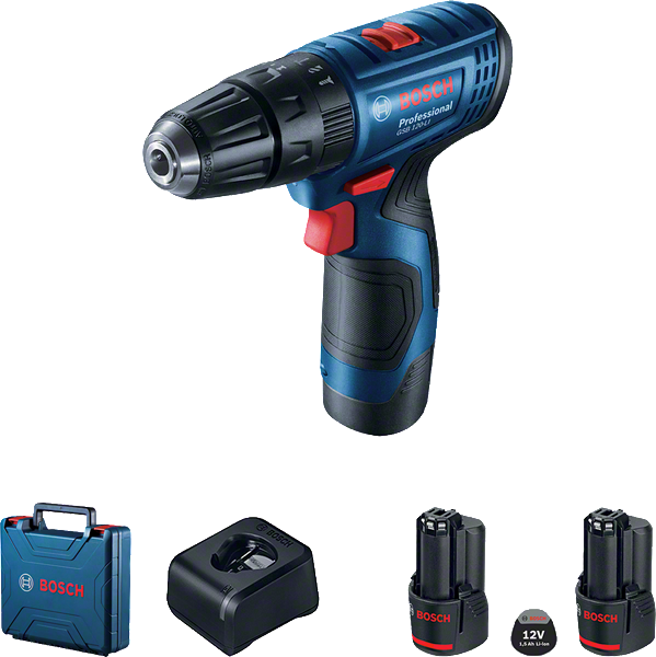 Taladro inalámbrico Bosch GSB 120-LI con maletín y baterías.