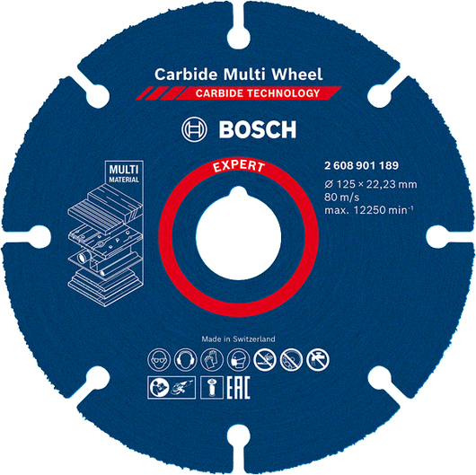 Disco de corte de carburo multimaterial Bosch EXPERT de 125 mm.