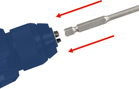 Broca hexagonal insertada en un mandril de taladro eléctrico con flechas direccionales.