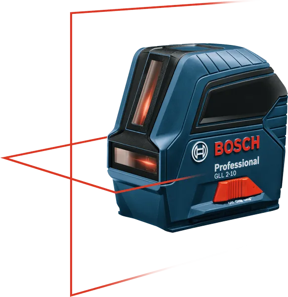 Herramienta de nivelación láser Bosch GLL 2-10 con líneas cruzadas visibles.