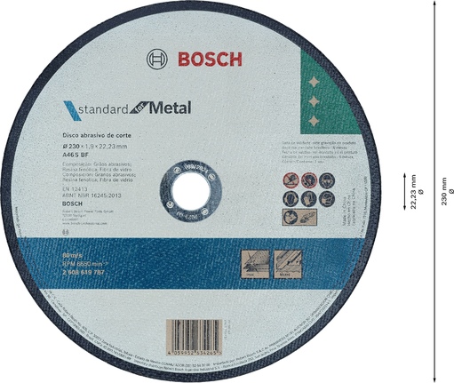 Disco de corte de metal Bosch de 230 mm para cortes rectos.