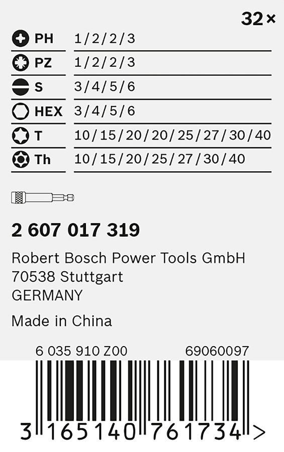 Juego de puntas de destornillador Bosch de 32 piezas.