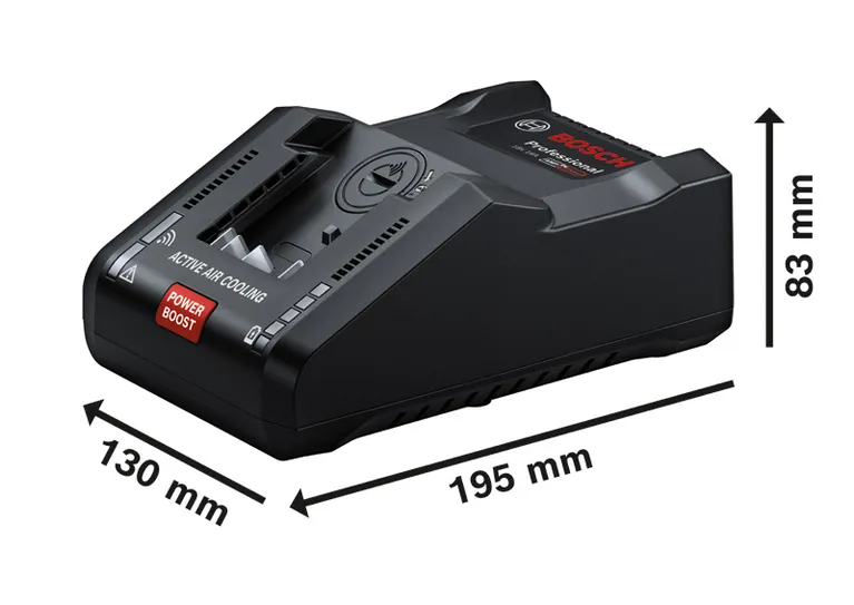 Cargador Bosch GAL 18V-160 C con dimensiones mostradas.