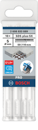 Broca para taladro percutor Bosch PRO SDS plus-5X de 5x50x110 mm, paquete de 10 unidades.